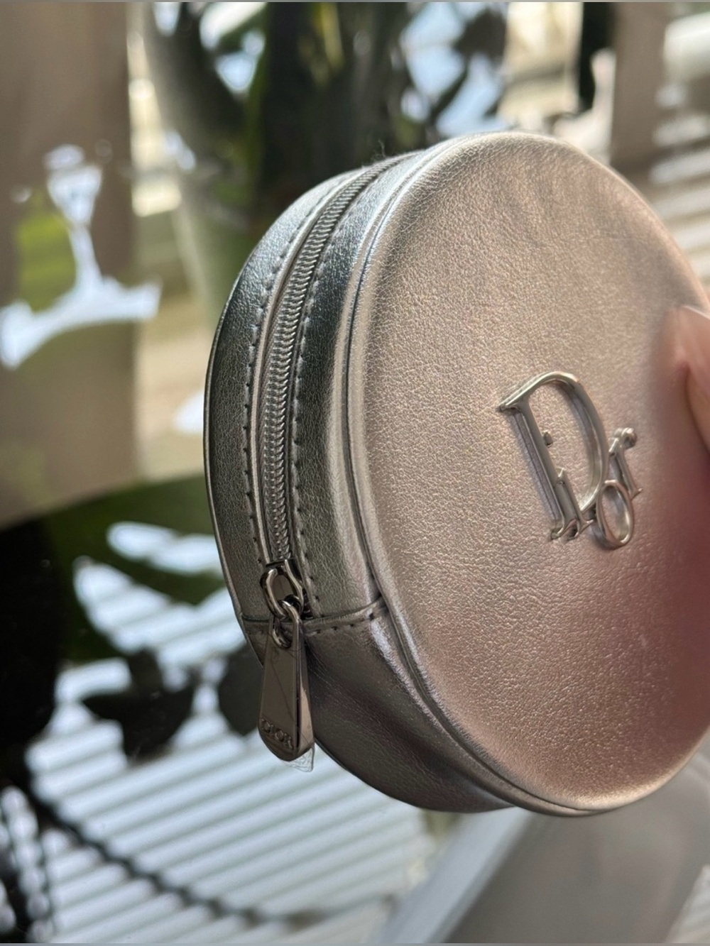 Dior Beauty Metallic Silver Round Makeup Pouch Cosmetic Case VIP Gift